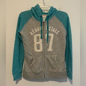 Vintage Aeropostale 87 Full Zip Up Hoodie Gray and Teal Reglan Sleeves A144